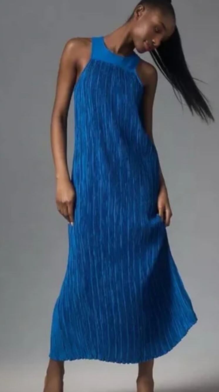 By Anthropologie Halter Plissé Maxi Royal Blue Pleated Sleeveless Dress. Large